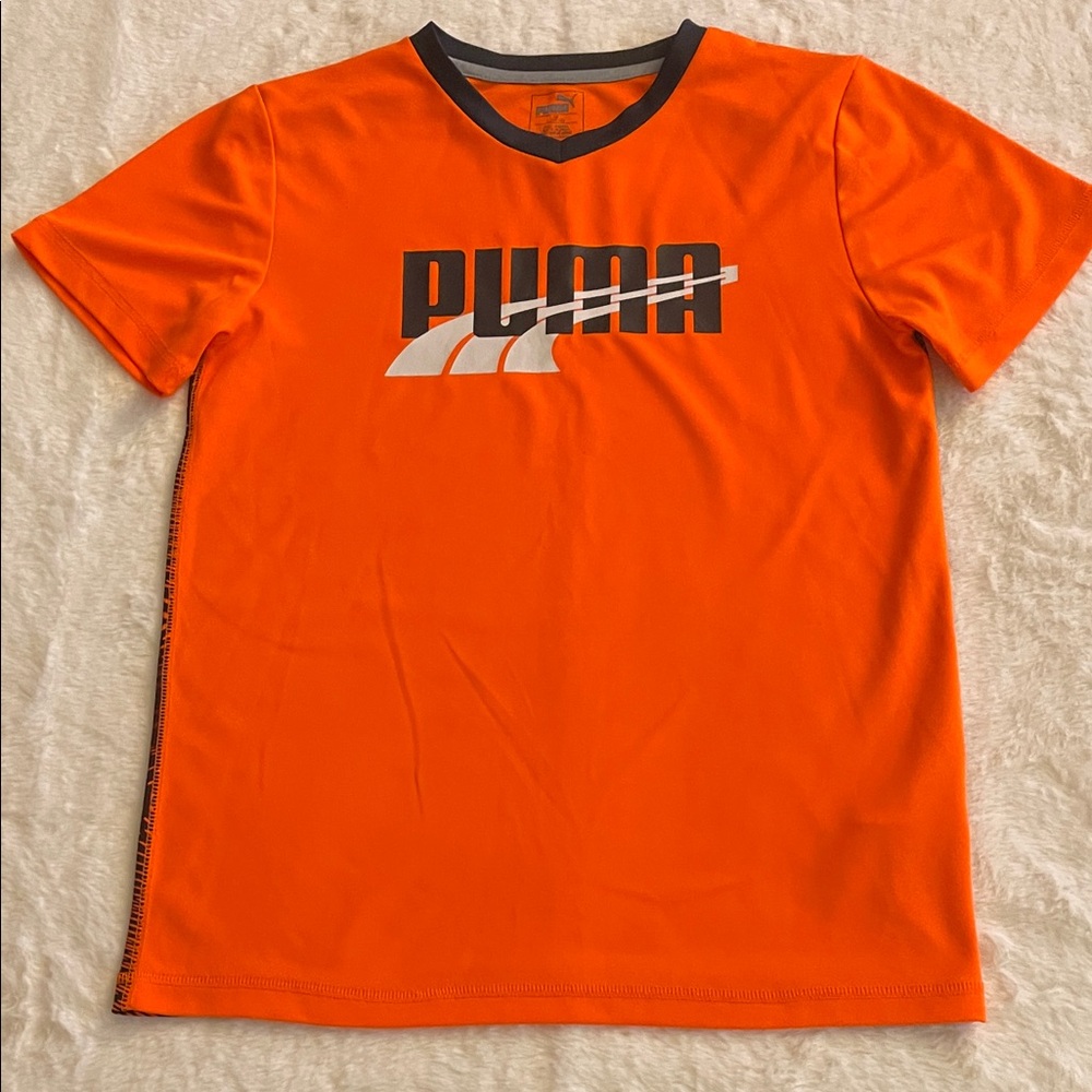 Puma Kids Orange Short-Sleeve Logo Tee with Gray Trim SZ L 14-16